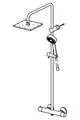 Regenbrause-Duscharmatur von HANSA mit eckigem Kopf, einem Hauptstrahl und seitlichem Handbrauseanschluss. Rohrsystem mit Wandbefestigung.